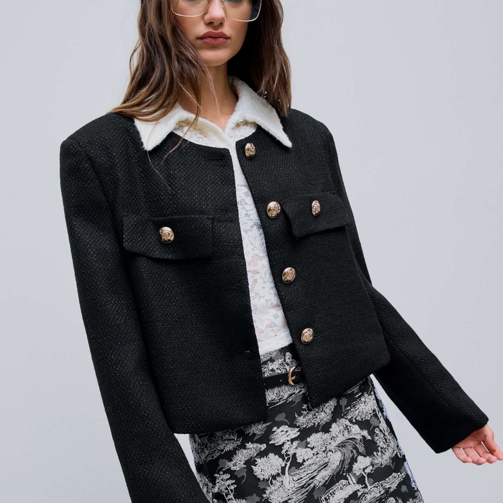 Sz M Cider Tweed Button Crew Neck Jacke Black Women's Jacket with Gold Buttons - Picture 4 of 16